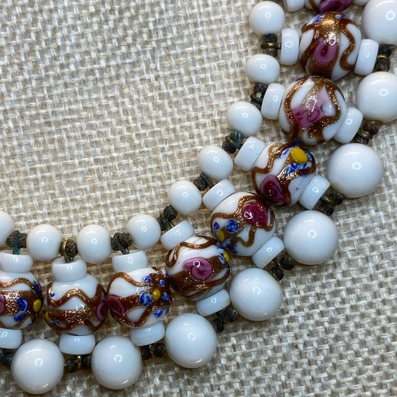 Vintage Rare Antique Venetian Wedding Cake & Milk Glass Beaded Bib Necklace 16” - Picture 6 of 17
